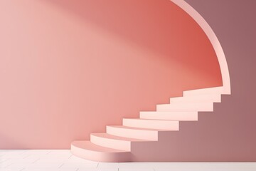 Minimalist architectural design featuring a pink staircase against a curved wall with soft lighting.