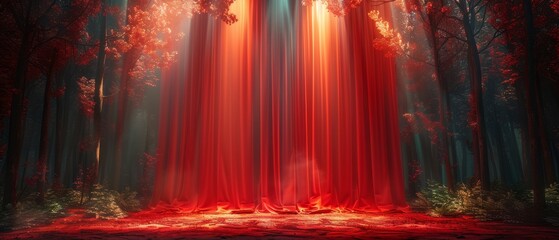 Red Curtain Backdrop, spotlight illumination, and a 3D Crimson Embrace An Empty Stage Awakens