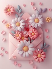 A pink envelope overflows with a variety of stylized paper flowers in pink and red hues, suggesting love and thoughtfulness