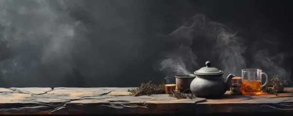 Tuinposter Cup of hot tea and tea with dark background, banner. Generative Ai. © annamaria