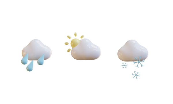 Plastic Minimal Style: 3D Rendered Weather Icons Set for App or Web Design. 3d render weather icons. Cloud, sun, drops, snow. Cartoon illustrations isolated on transparent background. PNG