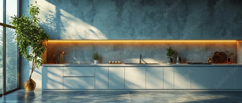 Poster three-dimensional rendering of an interior of a bright kitchen. an empty wall in the kitchen seems t