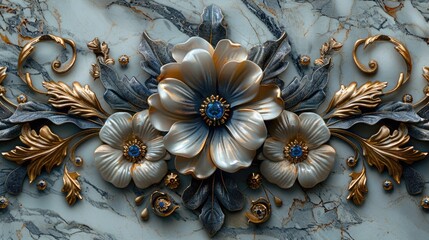 Elegant Floral Metalwork Art on Textured Marble Background