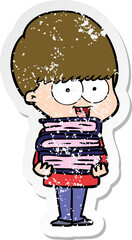 distressed sticker of a happy cartoon boy holding books