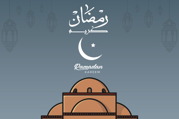 Ramadan Kareem vector greeting post design. Islamic holiday icon concept. Ramadan Kareem Arabic calligraphy design. Modern Style Ramadan Mubarak greeting cards design, moon, mosque dome and lanterns.
