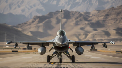 Military Fighter Jet Ready for Takeoff Against a Mountainous Background - obrazy, fototapety, plakaty