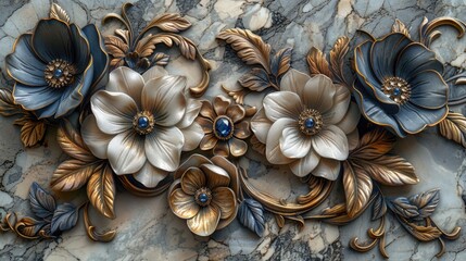 Baroque Style Ornate Floral Golden Decoration on Marble.