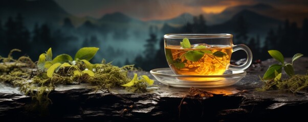 Cup of hot tea and tea with dark background, banner. Generative Ai. - obrazy, fototapety, plakaty