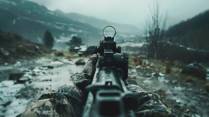 Soldier Perspective: Aiming a Rifle in a Cold, Mountainous Terrain - obrazy, fototapety, plakaty