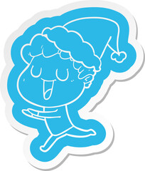 laughing cartoon  sticker of a man running wearing santa hat