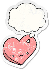 cartoon love heart with face and thought bubble as a distressed worn sticker
