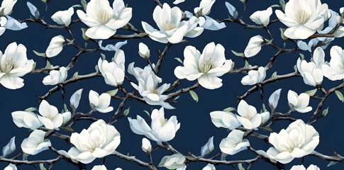 Seamless watercolor pattern of white magnolia flowers blooming