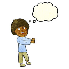 cartoon happy man showing with thought bubble