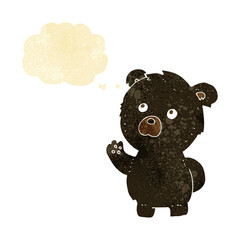cartoon waving black bear with thought bubble