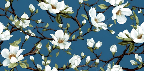 Seamless watercolor pattern of white magnolia flowers blooming