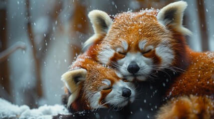 Two red pandas cuddling in snowy natural landscape - Powered by Adobe