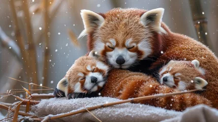 Foto op Plexiglas Red panda and two cubs peacefully resting in snowy habitat © yuchen