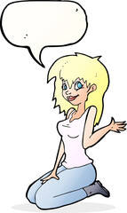 cartoon pretty girl waving with speech bubble