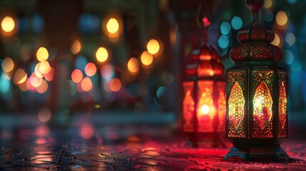 Obraz premium Muslim holy month Ramadan Kareem. Ornamental lantern glowing.