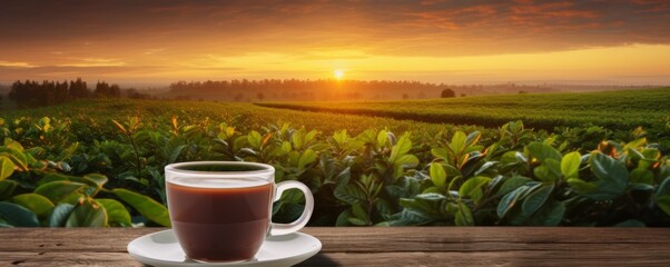 Cup of hot tea and tea leaf on the wooden table with tea plantations background, banner. Generative Ai. - obrazy, fototapety, plakaty