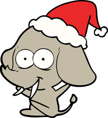 happy line drawing of a elephant wearing santa hat