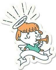 sticker of tattoo style angel blowing trumpet