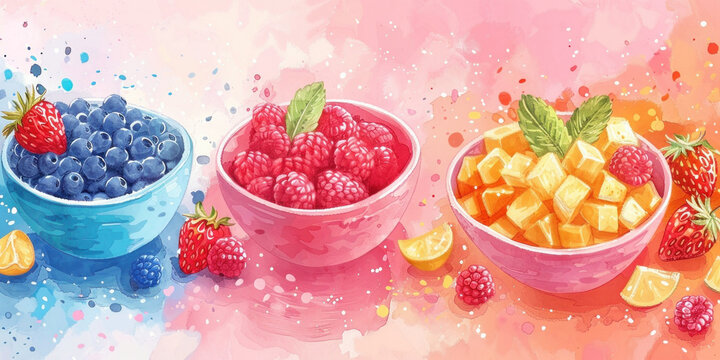 Watercolor painting of assorted fruit bowls with berries and lemons on a pink and blue background