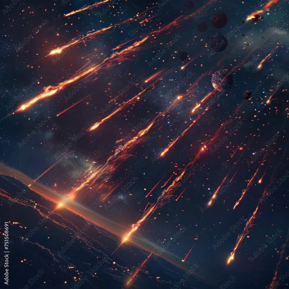 Poster a realistic 3d illustration of meteor rain in the sky, with star dust effect, comets shooting in spa