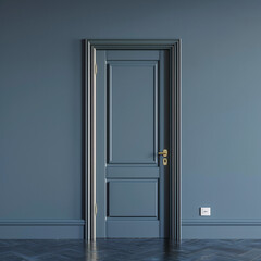 Blue door with golden handle in a room with herringbone flooring