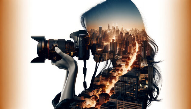 Photographer and Fiery Urban Skyline Double Exposure