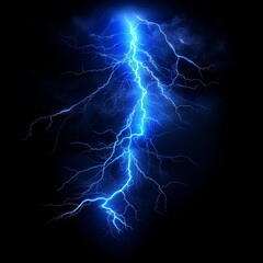 Lightning strike during night storm with blue color electric thunderbolt, impact, crackling. Realistic 3D  bolts isolated on black background.