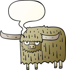 cartoon hairy cow and speech bubble in smooth gradient style