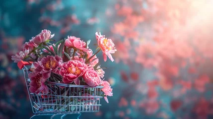 Fotobehang Lush peonies are set in a shopping cart, radiating against an ethereal backdrop of flowers and light, evoking feelings of love and tenderness © Glittering Humanity