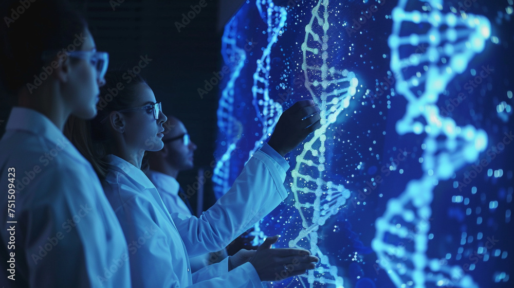 Aufkleber a team of geneticists in front of a glowing screen, immersed in the analysis of dna data and its imp