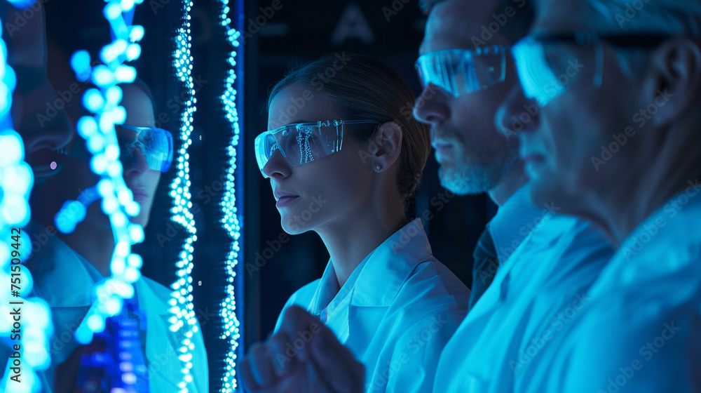 Poster a group in a high-tech lab, faces illuminated by the light from a display showcasing advanced dna ph