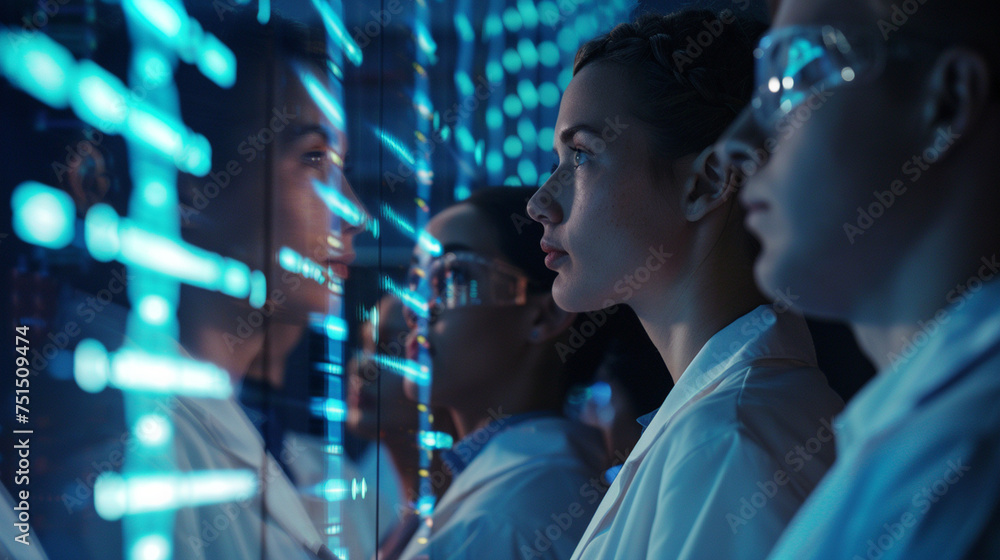 Poster a group in a high-tech lab, faces illuminated by the light from a display showcasing advanced dna ph