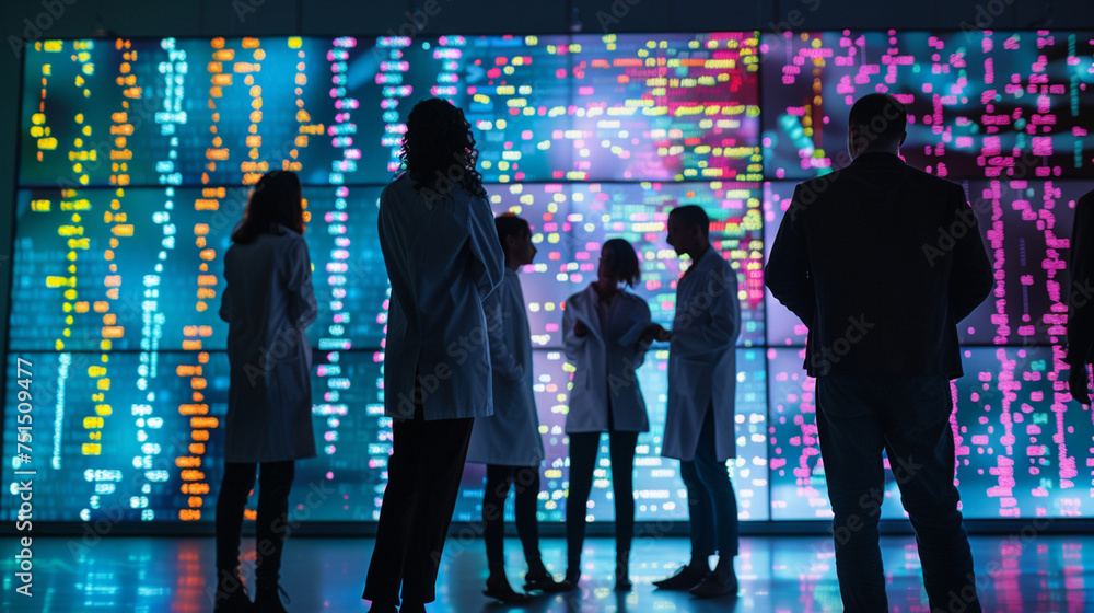 Poster a group of scientists standing before a massive digital board showing colorful dna sequences and phe
