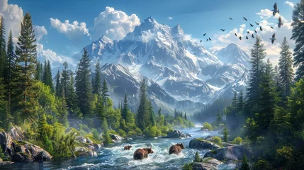 Schilderijen op glas River flows through forest with mountains, under sky with clouds © yuchen