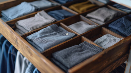 A collection of folded shirts arranged neatly in a drawer