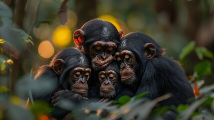 A primate group embracing in their natural jungle environment - obrazy, fototapety, plakaty