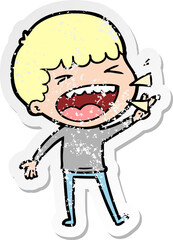 distressed sticker of a cartoon laughing man