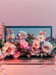 An artistic depiction of technology and nature merging with a laptop surrounded by an array of colorful flowers