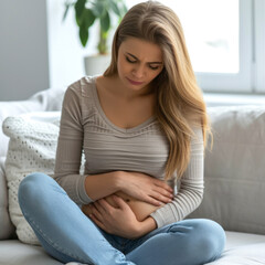 A serene and intimate image of a pregnant woman sitting comfortably on a sofa, gently holding her belly with a peaceful expression. Ideal for maternity, family, or wellness-related conten