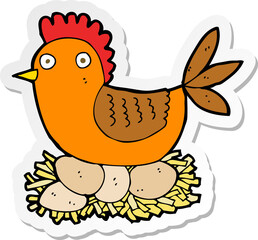sticker of a cartoon hen on eggs