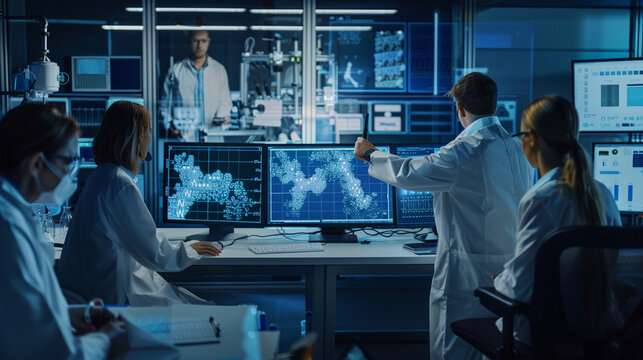 A team in a surveillance room using phenotypic profiling techniques displayed on a large monitor for forensic analysis and identification, Group of business professionals, DNA Phen