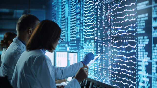 A consortium of genetic scientists engaged in a critical analysis of phenotypic data displayed on an expansive screen, seeking to decode human traits, Group of business professiona