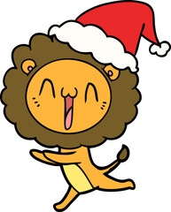 happy line drawing of a lion wearing santa hat