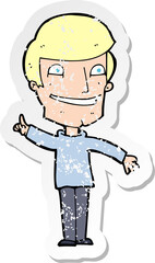 retro distressed sticker of a cartoon grinning man with idea