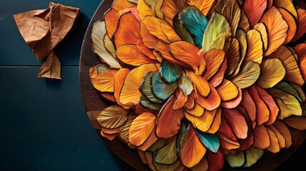 Exotic dried mango slices arranged in an artful display