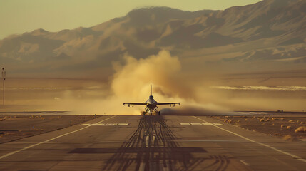 Jet Taking Off at Sunset Amidst a Cloud of Dust with Mountainous Background